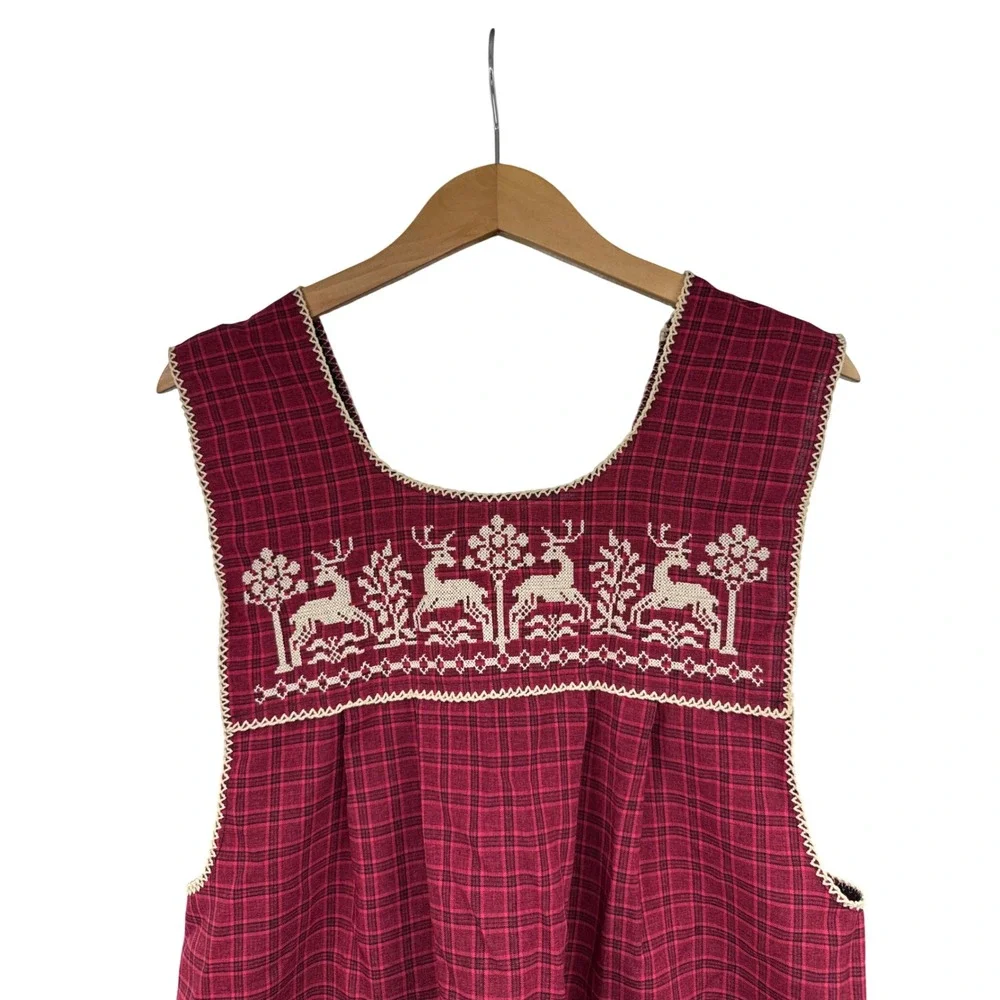 Handmade Plaid Reindeer Cross Stitch Pinafore Apron Red Black Folk Art Pockets